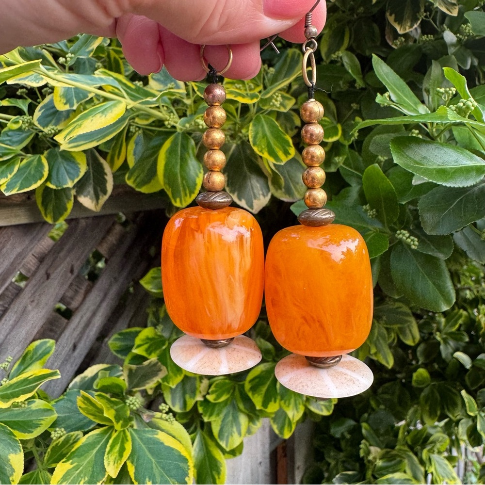 Resin Amber Orange Earrings Chunky African Copal Brass Beads Handmade Vintage